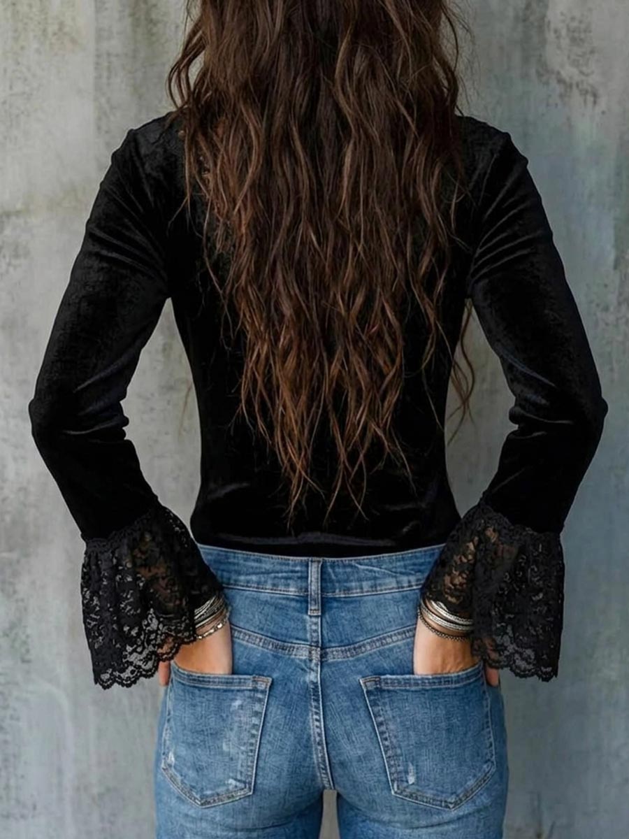 Elegant Black Velvet V-neck Top With Floral Lace Trim