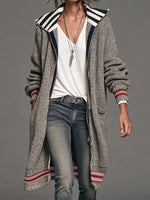 Chic Striped Long-line Knit Cardigan With A Sailor Collar And Zip Fastening.