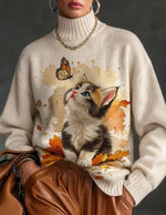 Cozy Knit Turtleneck With Kitten And Butterfly Print