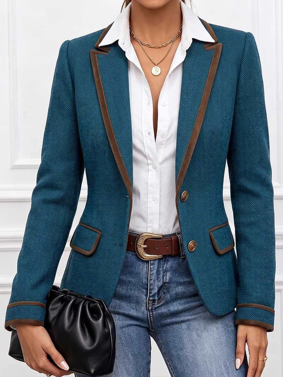 Women's Collared Long-sleeved Casual Loose Color-blocked Herringbone Coat