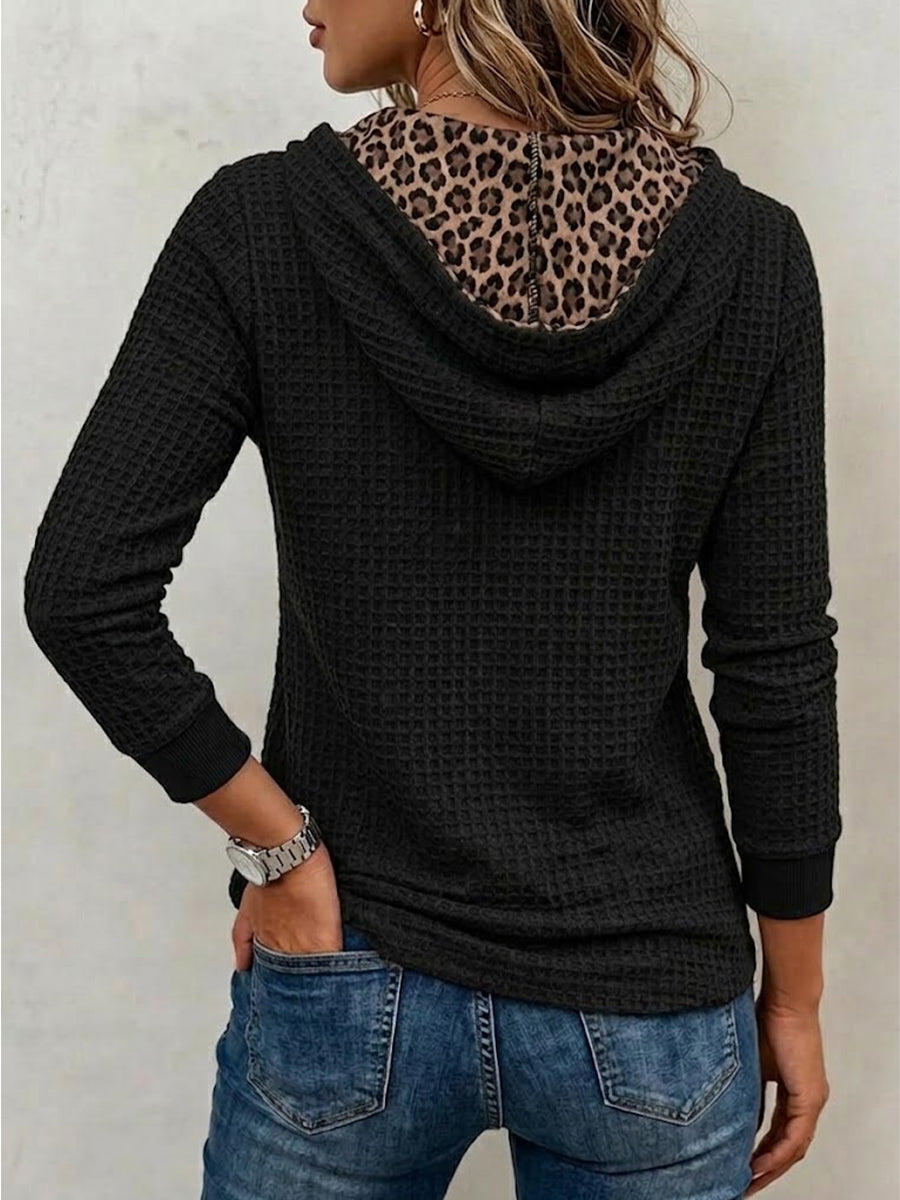 Casual Long-sleeve Hooded Sweatshirt With Leopard-print Paneling