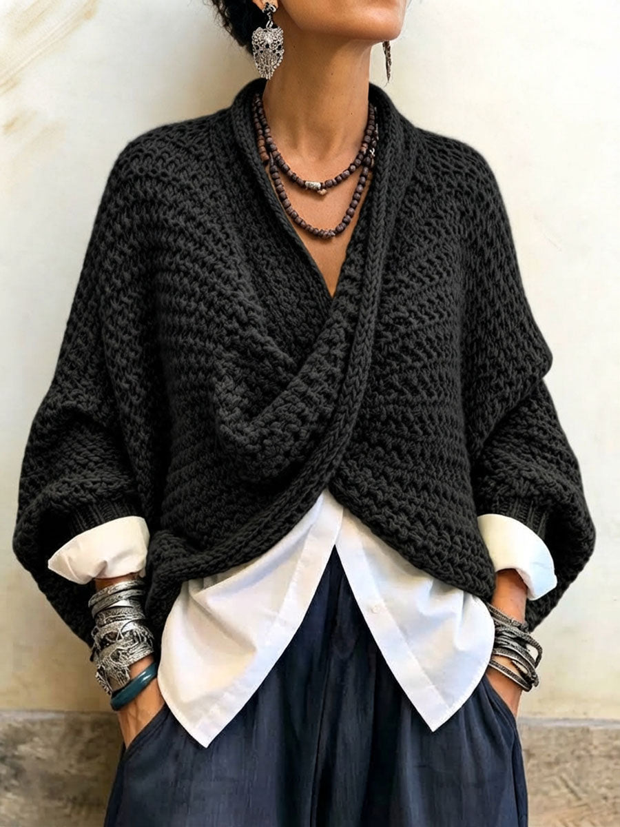 Western Cozy Relaxed Batwing Sleeves Crossover V-neck Sweater