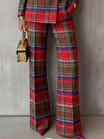 Classic Red Tartan Plaid Wide-Leg Trousers
