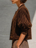 Chic Faux Suede Cropped Jacket With Puff Sleeves