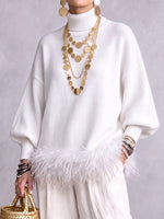 Elegant Feather-Trimmed Turtleneck Knit Sweater