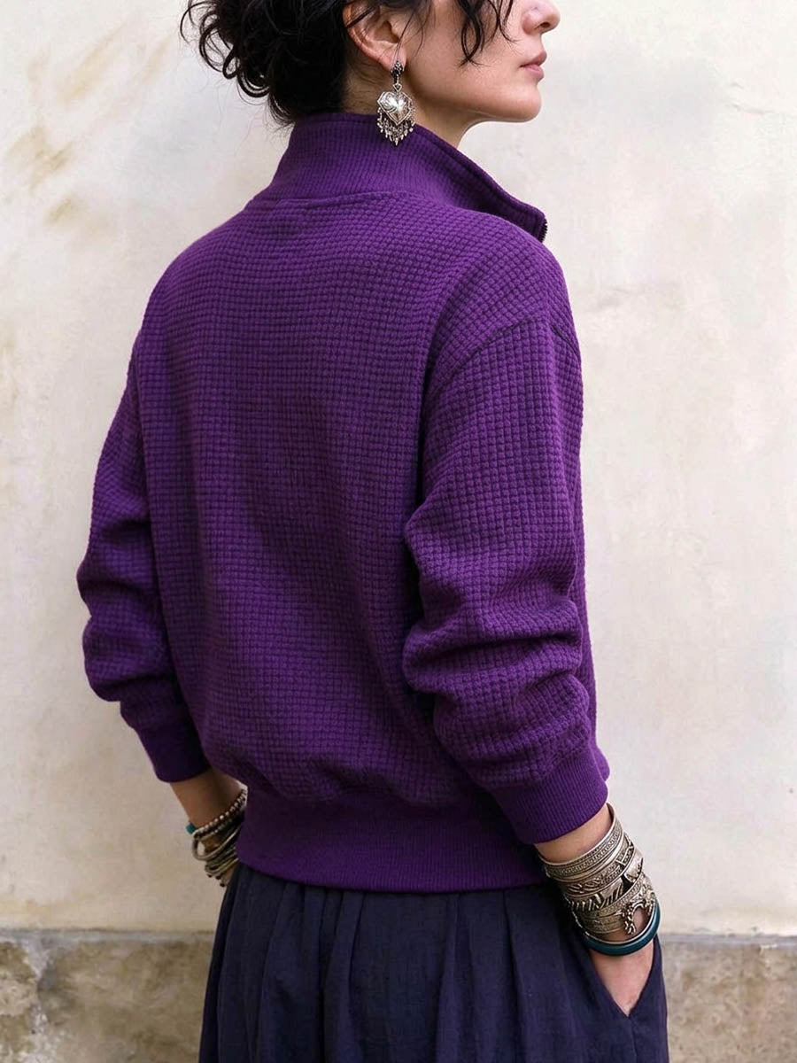 Women's Purple Waffle Knit Half-zip Pullover Sweater