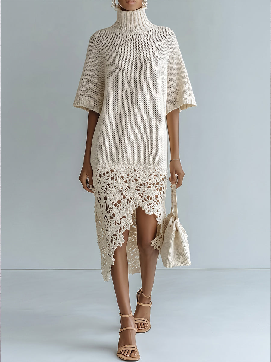 Elegant Crochet-Trim Knit Turtleneck Dress