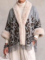 Leopard-print Faux-fur Collar Fringed Cardigan-style Wrap