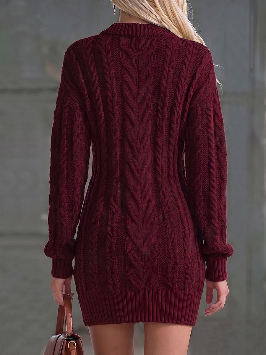 Women's Solid Color V-neck Long Sleeve Casual Loose Beaded Knit Dress