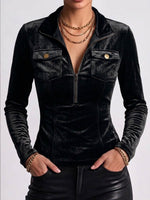 Women's Solid Color Lapel Long-sleeved Casual Loose Velvet Top