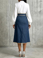 Chic And Refined Denim Midi Skirt With Gold Piping.