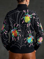 Cozy, Colorful Knit Turtleneck Featuring A Spider And Web Print.