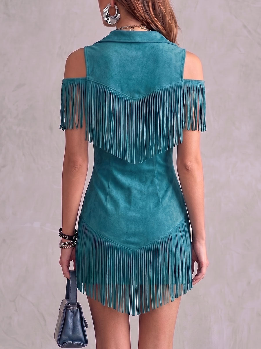 Women's Solid Color Collar Hollow-out Short Sleeve Casual Loose Tassel Dress