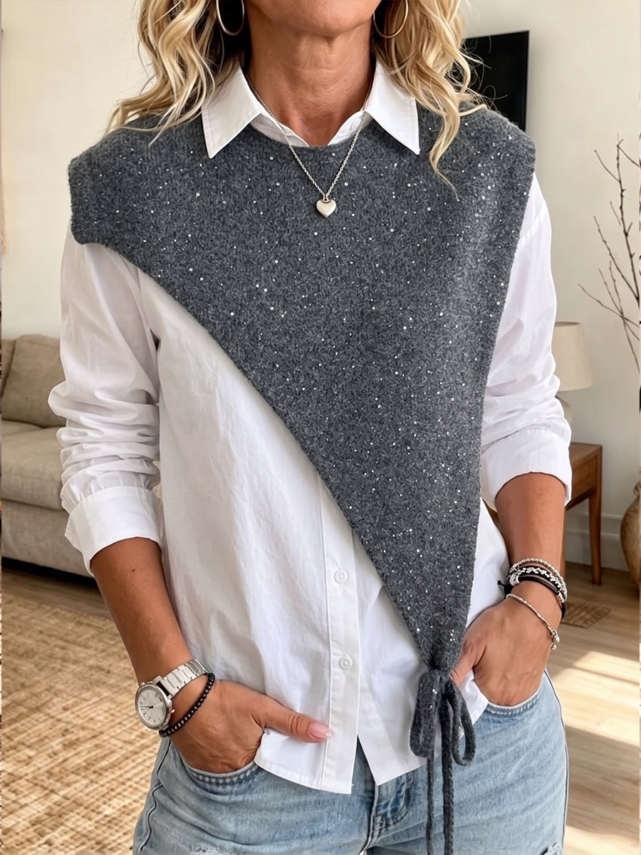 Chic Asymmetric Shimmer Knit Poncho Top