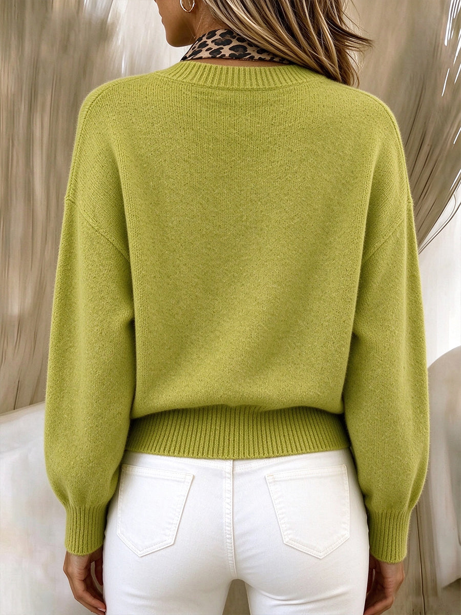 Chic Leopard-Scarf V-Neck Knit Pullover