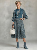 Elegant Stylish Blue Floral Patchwork Midi Dress