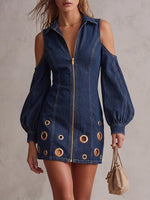 Women's Lapel Hollow-out Long-sleeved Casual Loose Denim Dress With Metal Perforations