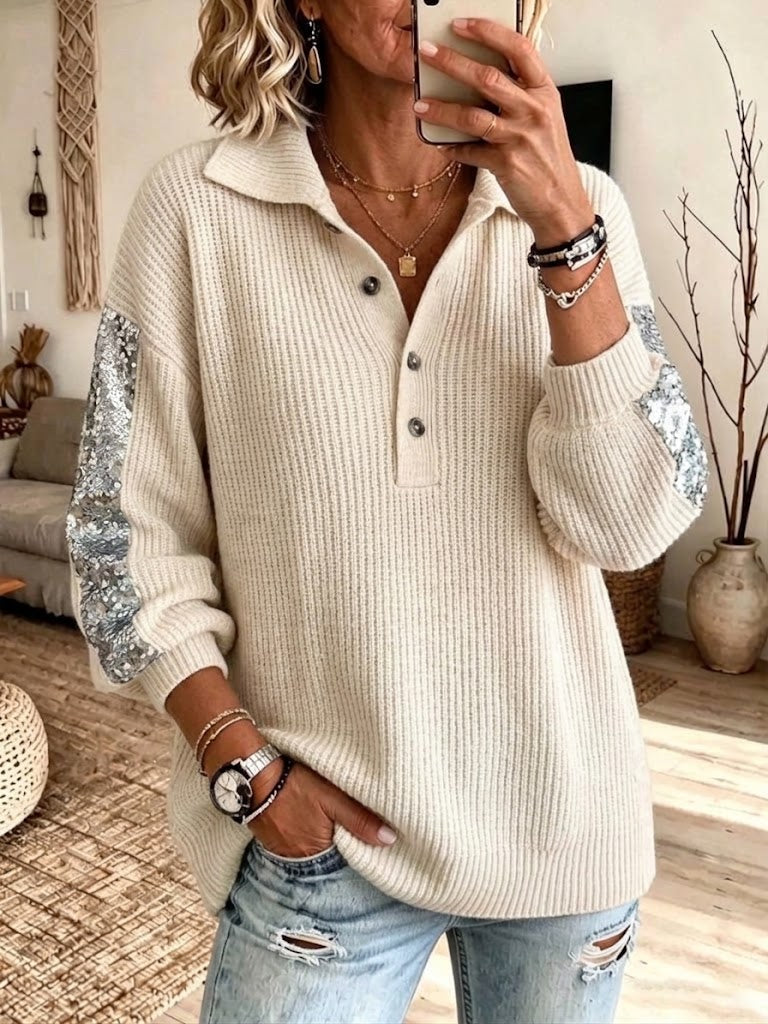 Long-sleeve Knitted Top With A Collar, Button Detailing, And Sequin Panels For A Slimming Effect