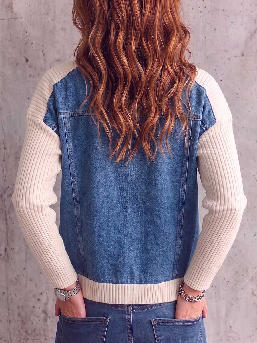 Women's Round Neck Long Sleeve Casual Loose Knitted Patchwork Denim Cardigan