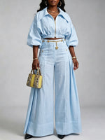 Casual Two-piece Set Featuring A Cropped Linen-cotton Jacket With A Front Zip And Wide-leg Trousers.
