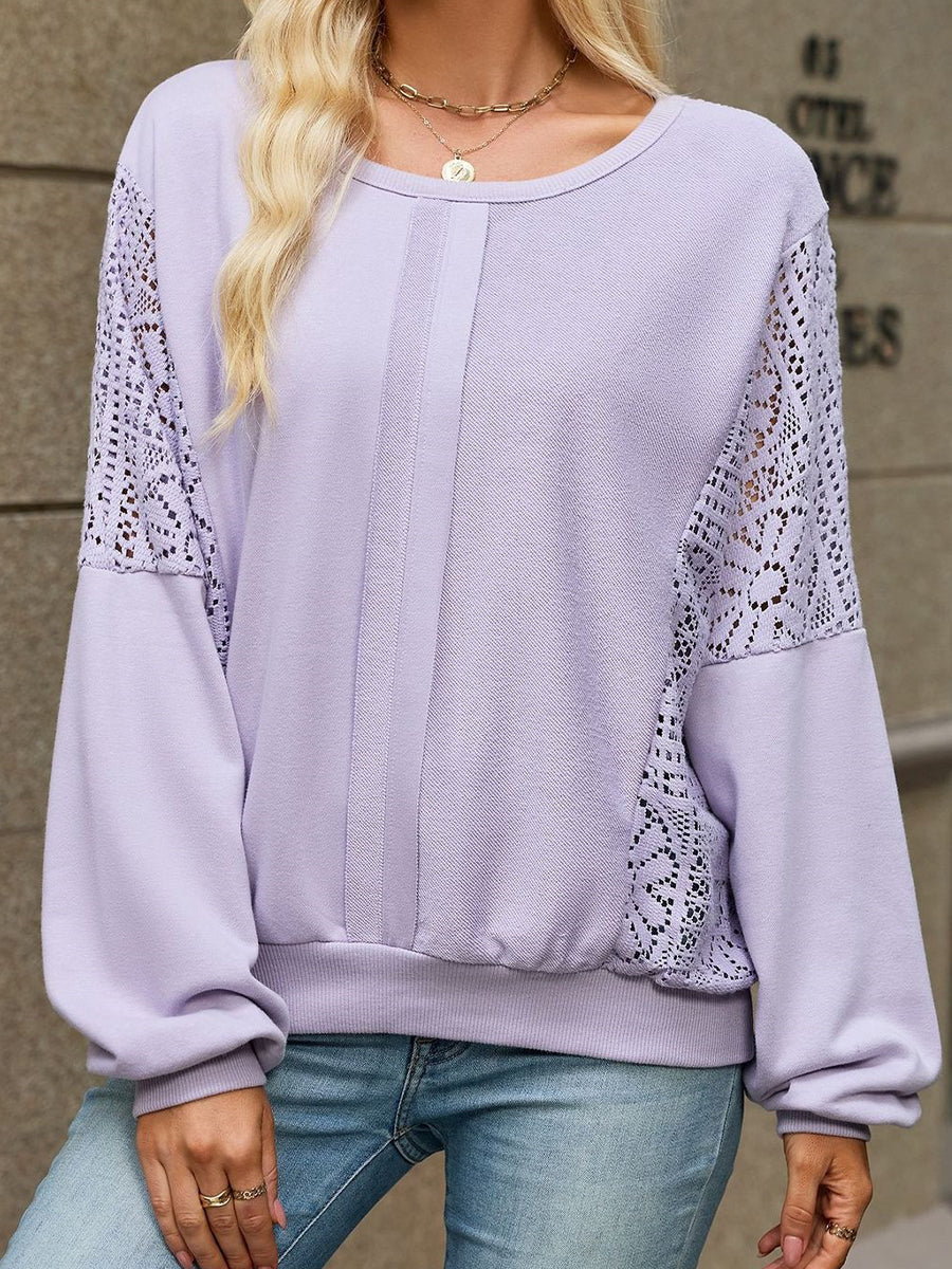 Casual Oversized Cotton Sweatshirt With Lace Paneling