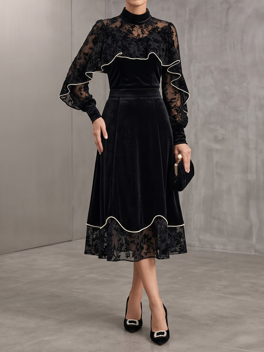 Chic Mock-Neck Velvet & Sheer Velvet Midi Dress