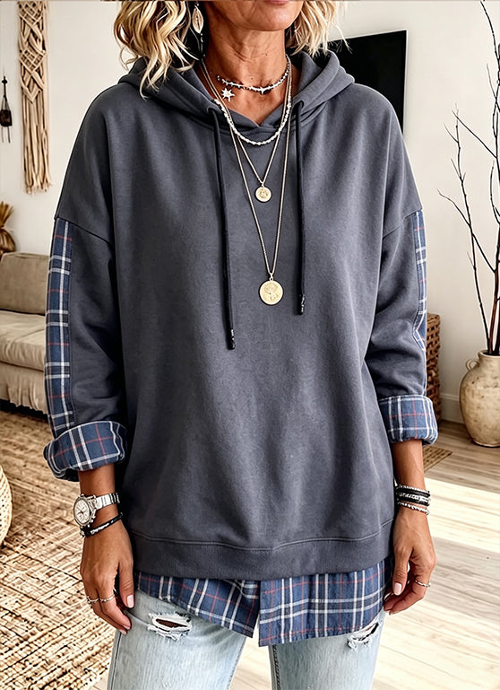 Casual Plaid-panel Pullover Hoodie
