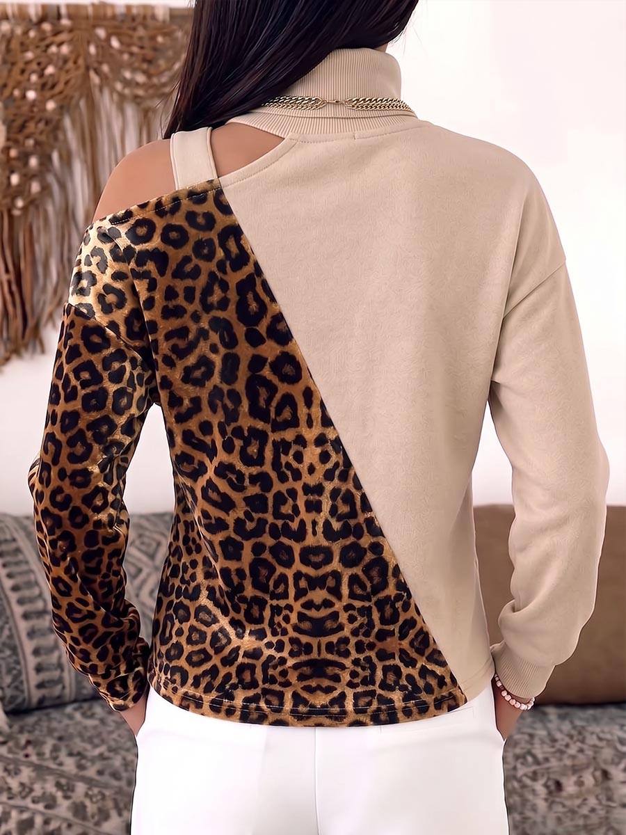 Women's High-neck Hollow-out Long-sleeved Casual Loose Leopard Print Patchwork Sweatshirt