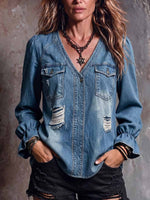 Women's V-neck Long-sleeved Casual Loose Denim Pullover
