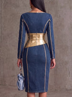 Women's V-neck Long-sleeved Casual Loose Denim Faux Leather Patchwork Dress
