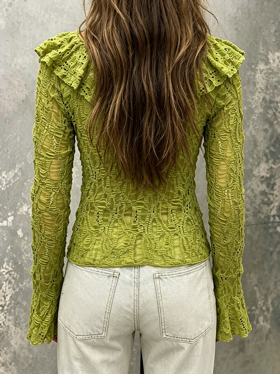 Elegant Long-sleeve Top In Textured Stretch Lace With Ruffle Details