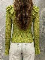 Elegant Long-sleeve Top In Textured Stretch Lace With Ruffle Details