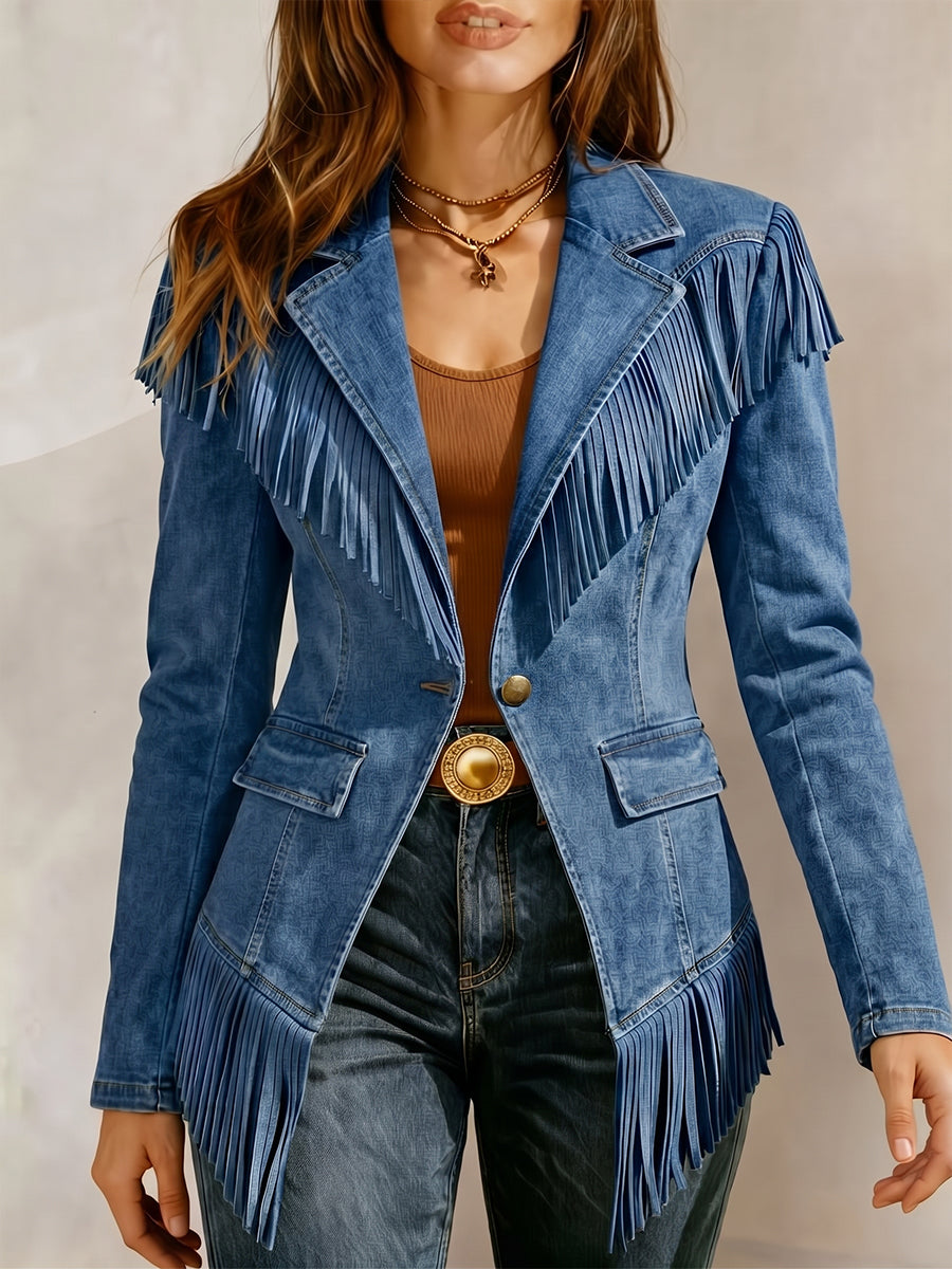 Fringed Statement Gold-Button Denim Jacket