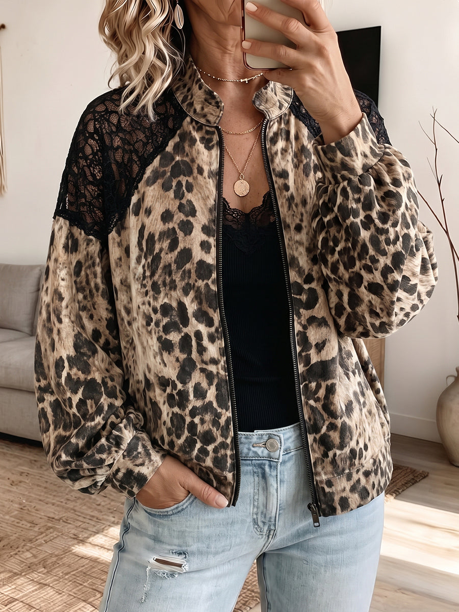 Chic Leopard Print Lace-Spliced Zip-Up Jacket