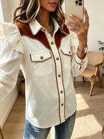 Chic Fall Western Vibe Ruffle Trim Corduroy Patchwork Blouse