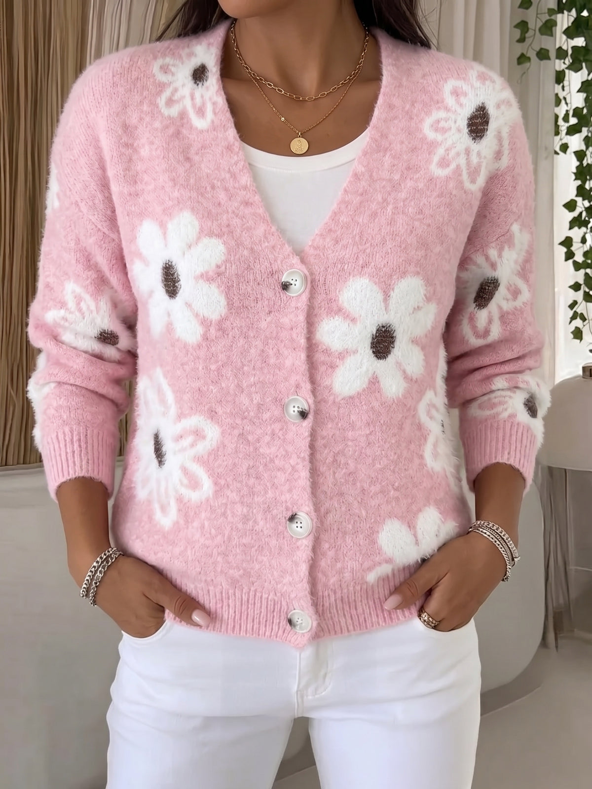 Sweet Floral Fuzzy V-Neck Cardigan