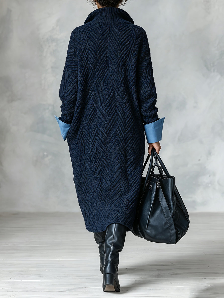 Cozy Textured Structured Knit Quarter-Zip Midi Dress