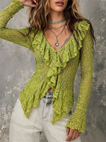 Elegant Long-sleeve Top In Textured Stretch Lace With Ruffle Details