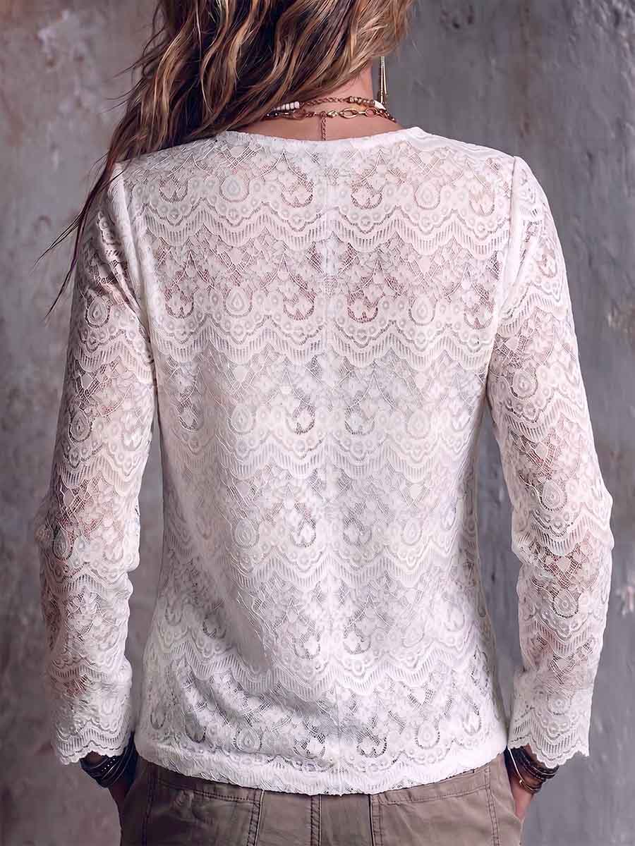Women's Solid Color V-neck Long Sleeve Casual Loose Lace Cardigan