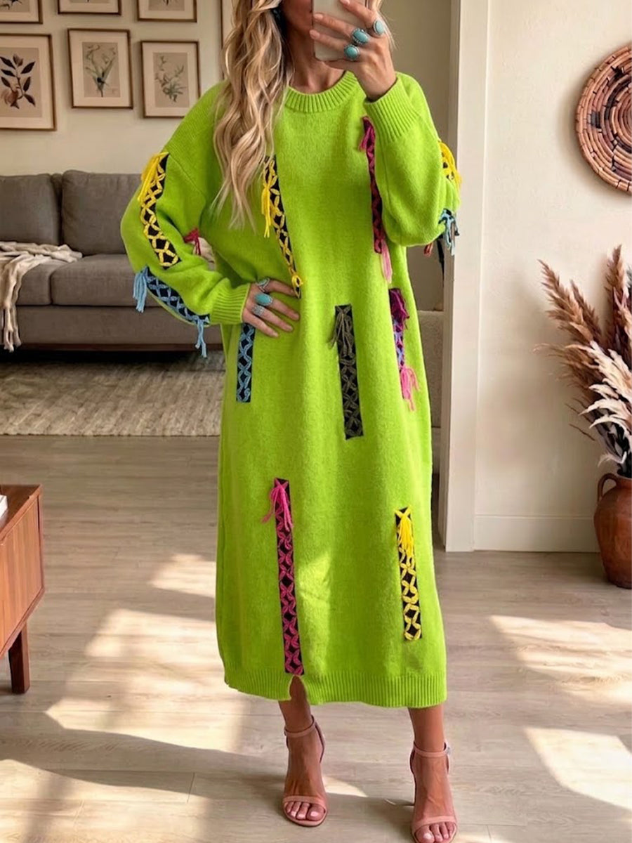 Bohemian-style Long Knitted Dress With Colorful Cord Tassels And A Round Neckline