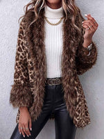 Women's Leopard Print Faux Fur Trimmed Open Front Coat