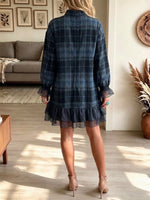 Plaid Mock-neck Sheer Ruffled Mini Dress