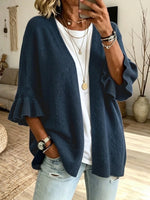 Solid-color, Loose-fit, Casual Knit Cardigan With Three-quarter Sleeves