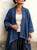 Denim Asymmetrical Mid-length Cardigan With Frog-button Fastenings