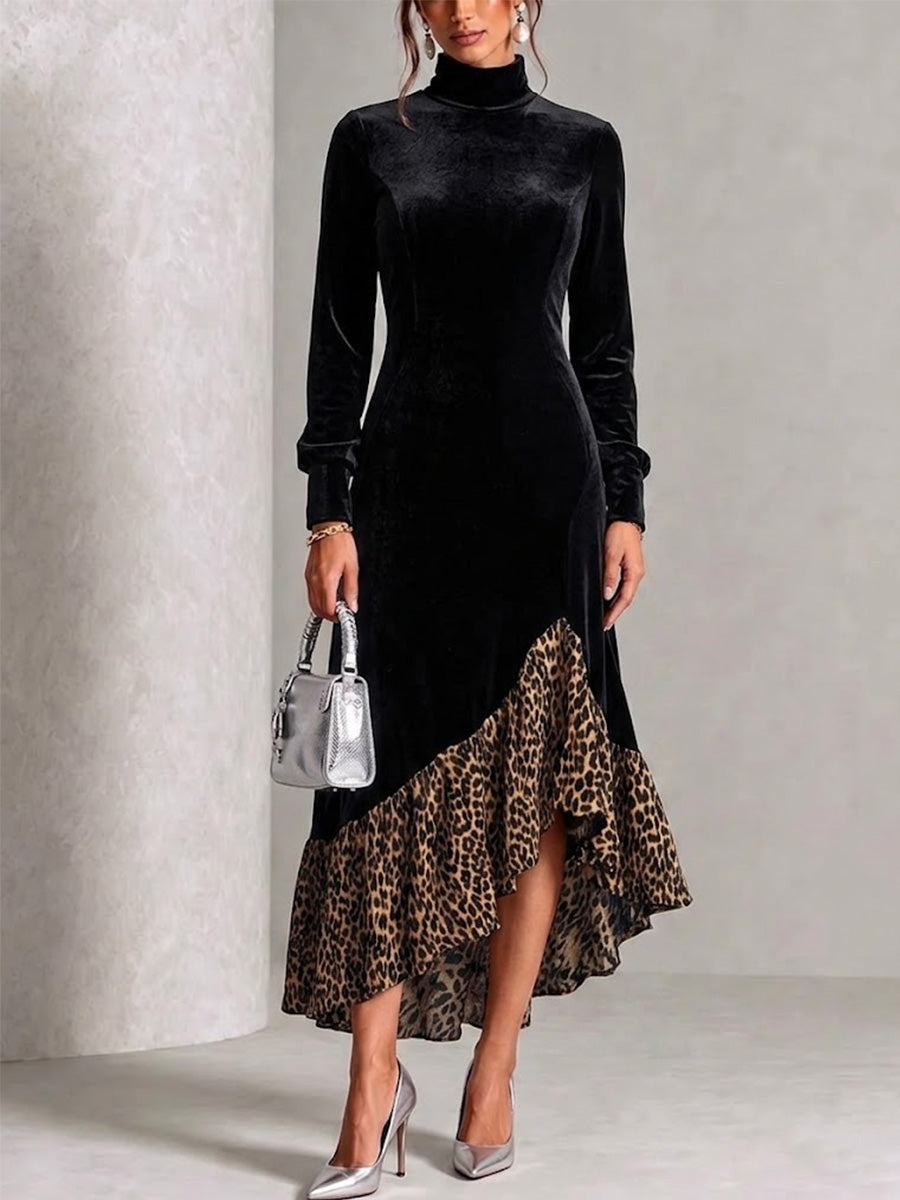 Casual And Comfortable Loose-fitting Long-sleeve Dress With Leopard Print Panels