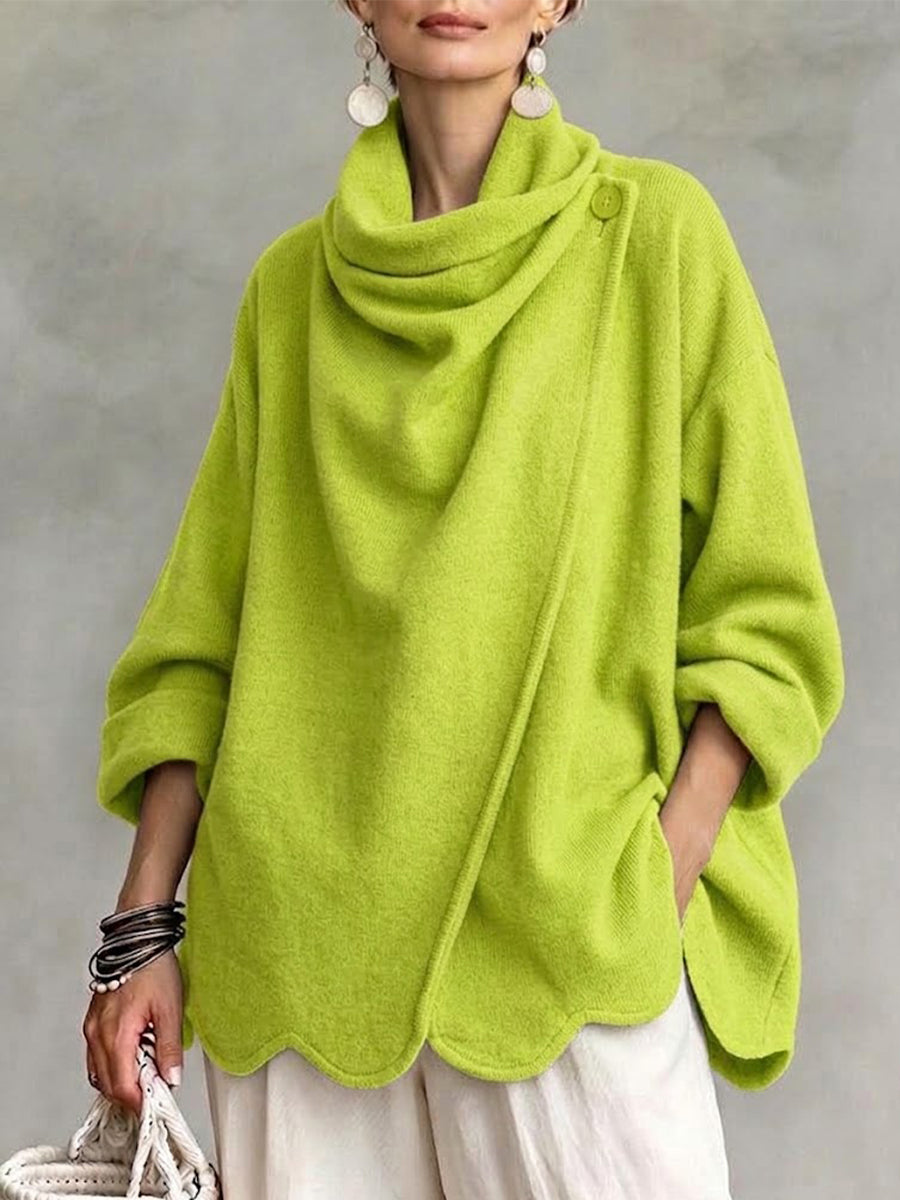 Wrap-style Cowl-neck Knit Cardigan With A Wavy Hem