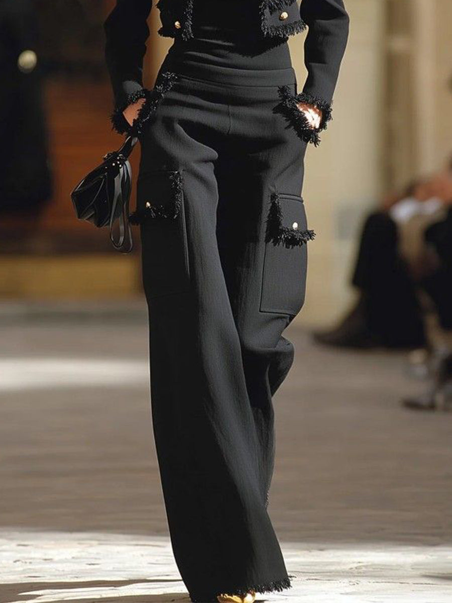 Casual Black Trousers With Tassels