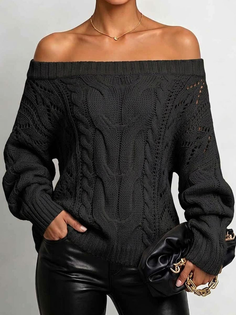 Women's Solid Color Off-shoulder Long-sleeved Casual Loose Knit Pullover Top