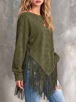 Women's Solid Color Crew Neck Long-sleeve Loose Casual Tassel Top