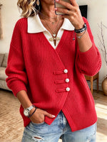 Elegant And Refined Knit Top With A Contrasting-color Collar And Traditional Chinese-style Button Closures (pankou)